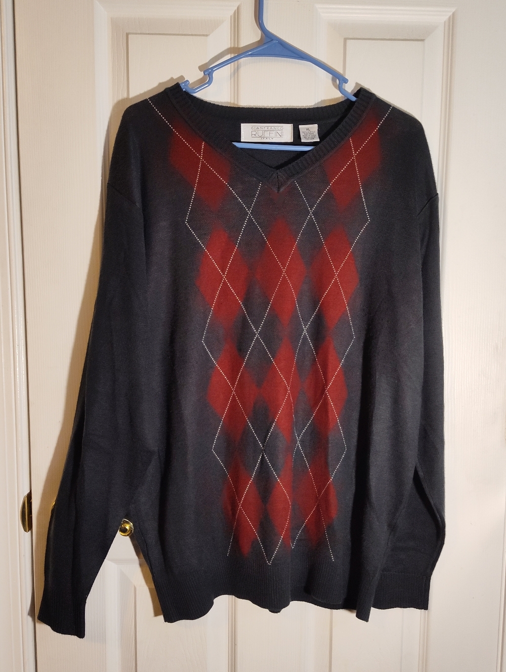 Vintage Gianfranco Ruffini Black V-Neck Sweater with Red Argyle | Pre-Owned